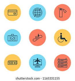 Airport icons set with fly tickets, globe, checked bag and other escalator down elements. Isolated vector illustration airport icons.