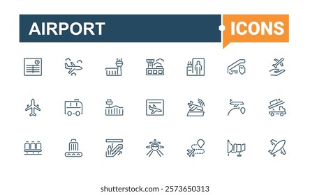 Airport icons set in linear style. Featuring flight, check, transportation, information, art, element and more. Minimalistic icons. Vector icons editable stroke.