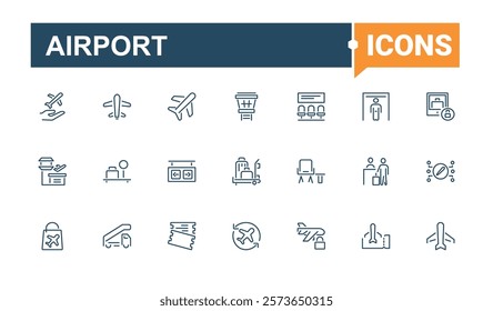 Airport icons set in linear style. Featuring flight, check, transportation, information, art, element and more. Minimalistic icons. Vector icons editable stroke.