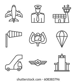 Airport icons set. Linear symbols set on white background.