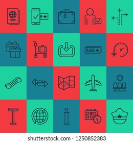 Airport icons set with mobile booking, waiting room, passenger and other information elements. Isolated vector illustration airport icons.