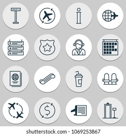Airport icons set with seats, airplane direction, timetable and other cop symbol elements. Isolated vector illustration airport icons.