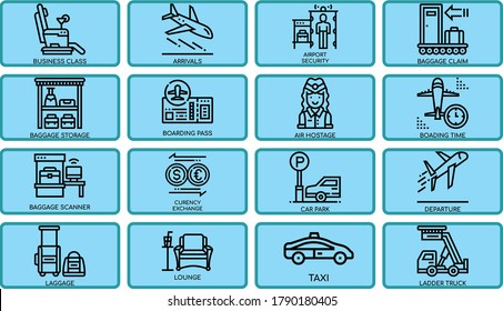 Airport icons set.
set of airport icons, such as airplane, ticket, world time, passport, money exchange, transport