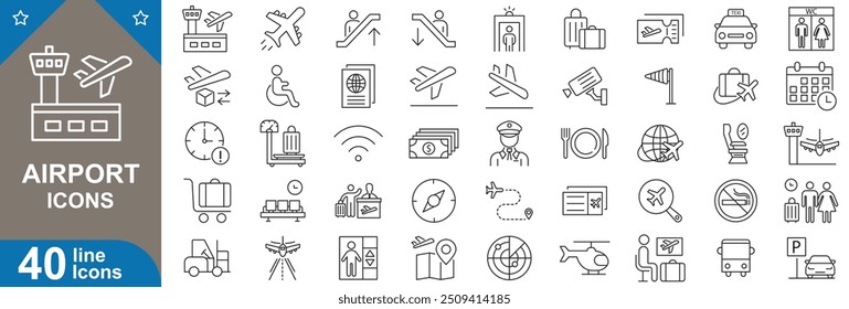 Airport icons set. Travel, airline, terminal, flight, pilot, departure, arrival, security, baggage claim, information and more. vector illustrator.