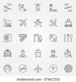 Airport Icons Set - Vector Thin Line Air Travel Symbols. Airport Outline Signs Or Logo Elements 