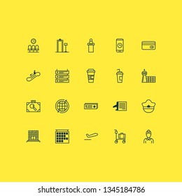 Airport icons set with waiting room, fly tickets, aerodrome and other hostess elements. Isolated vector illustration airport icons.
