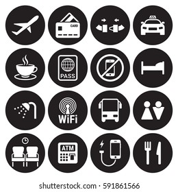 Airport icons set. White on a black background