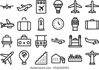 Airport Icons Set.Airport icon element solid design.Airport icon collection. Containing plane, boarding pass, traveler, duty free, information desk, customs, detector, immigration and pilot icons. 