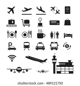 Airport Icons and Symbols Silhouette Set, Black and White, Sign, Object