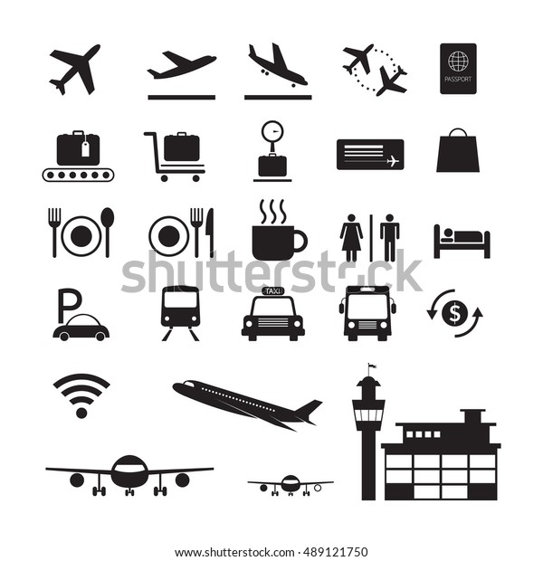 Airport Icons and Symbols Silhouette Set, Black\
and White, Sign,\
Object