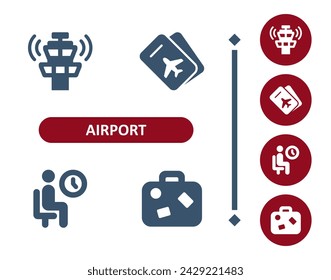 Airport Icons. Travel, Tourism, Air Traffic Control Tower, Plane Ticket, Waiting Room, Luggage, Baggage Icon. Professional, 32x32 pixel perfect vector icon.