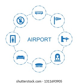 airport icons. Trendy 8 airport icons. Contain icons such as bus airoirt, wind cone, no phone, airport officer, sofa, metal gate detector, jetway. icon for web and mobile.