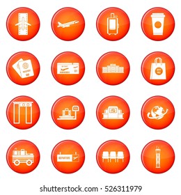 Airport icons vector set of red circles isolated on white background