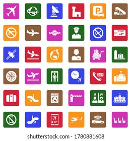 Airport Icons. White Flat Design In Square. Vector Illustration.