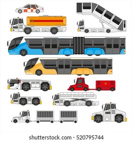 Flughafeninfrastruktur Transport flach Set. Verschiedene Transportarten auf dem Flugplatz, isolierte Flughafenausrüstung. 