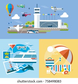 Airport illustration. Aviation transportation infrastructure. The plane is on the runway. Airplane fly, people get on the aircraft. 