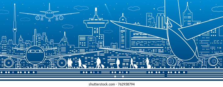 Airport illustration. Aviation transportation infrastructure. The plane is on the runway. Airplane fly, people get on the aircraft. Night city on background, vector design art