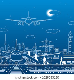 Airport illustration. Passengers go to the airplane. Aviation travel transportation infrastructure. The plane is on the runway. Night city on background, vector design art