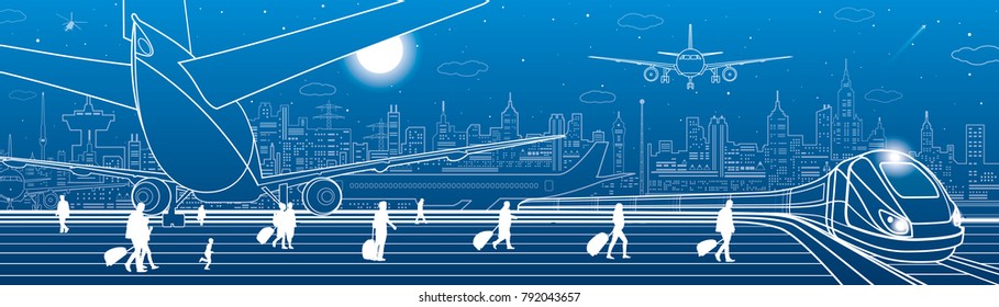 Airport illustration. Passengers go to the train. Aviation transportation infrastructure. The plane is on the runway. Night city on background, vector design art