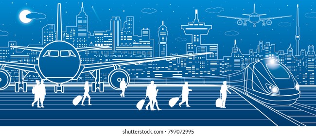 Airport illustration. Passengers go to the train. Aviation travel transportation infrastructure. The plane is on the runway. Night city on background, vector design art