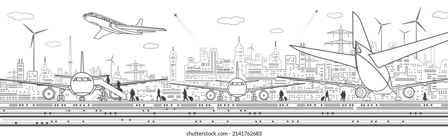 Airport illustration. The plane is on the runway. Aviation transportation infrastructure. Airplane fly, people get on the plane. Modern city at white background, black outline, vector design art