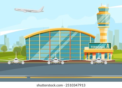 Ilustración del aeropuerto. Edificio terminal y paisaje de aviones voladores