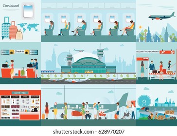 Airport  info graphic of Passenger airline at airport terminal with check in counter and security checkpoint, Airline interior with plane seat on the flight business travel vector illustration.