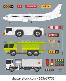 Airport info graphic set with airplane, tow truck, fire engine and fuel truck