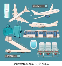 Airport info graphic set with business jet, passenger bus, cute airport icons and signs