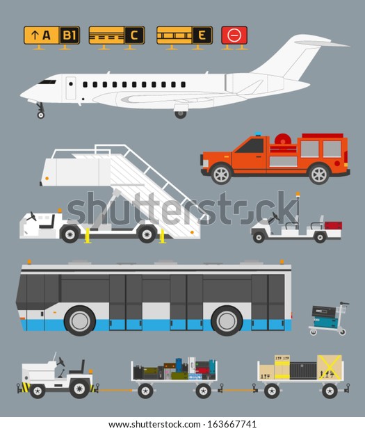 Airport info graphic set with business jet,\
passenger bus and baggage\
carts