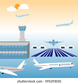 Airport with infographic elements templates.  Airport terminal with control tower, airplanes, runway and more. Vector  illustration