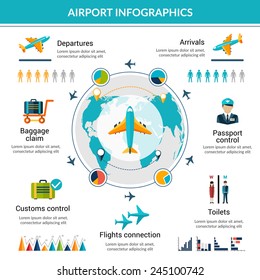 Airport Infographic Set With Security Control Air Vehicle Symbols And Charts Vector Illustration