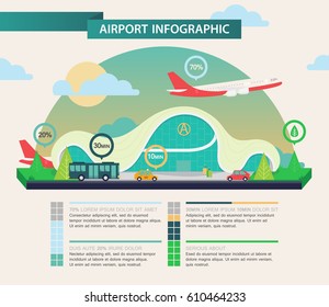 Airport infographic template with flying plane and car, bus comparison with round diagrams and percents, flying plane in sky. Travel and tourism, passenger and air control, transport, vacation theme