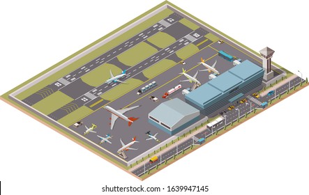 Airport Infographic vector isometric design elements. Map of the city's airport. Terminal, airport traffic, control tower, hangar, departure jet, airplanes, ground support vehicles and workers, runway