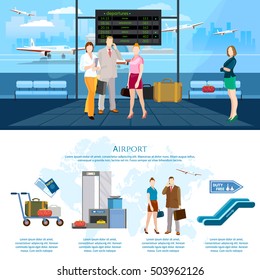 Airport infographics airport terminal international airlines people in waiting room baggage inspection airport scanner vector illustration 