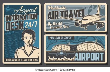 Airport information desk, airplane retro posters. Vector air traffic service operator with headset, airport building and plane or airplane of international airlines. Aircraft staff work, aviation