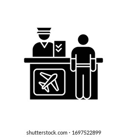 Airport information desk flat design long shadow glyph icon. Registration desk for airplane passengers. Helpdesk to provide information. Silhouette symbol on white space. Vector isolated illustration