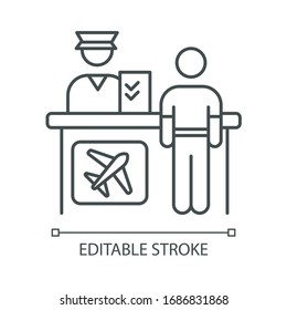 Airport information desk pixel perfect linear icon. Registration desk for airplane passengers. Thin line customizable illustration. Contour symbol. Vector isolated outline drawing. Editable stroke