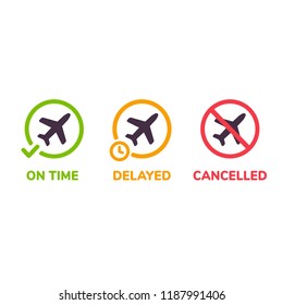 Airport information icons. Flight status on time, delayed and cancelled. Isolated airplane illustration set.
