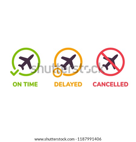 Airport information icons. Flight status on time, delayed and cancelled. Isolated airplane illustration set.