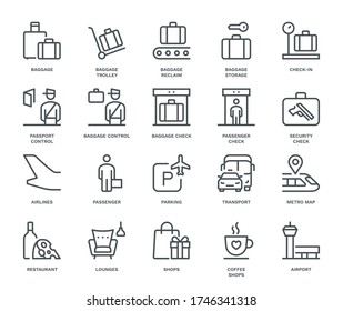 Airport Information Icons, Monoline concept
The icons were created on a 48x48 pixel aligned, perfect grid providing a clean and crisp appearance. Adjustable stroke weight. 
