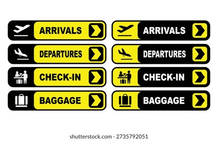 Conjunto de Vector de señales de información del aeropuerto con iconos de navegación de viaje en bloques negros y amarillos. Adecuado para la impresión de la etiqueta engomada de la caja de neonbox de la cubierta