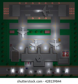 Airport Infrastructure. Night. View from above. Vector illustration. 