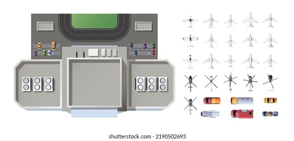 Airport infrastructure top view. Passenger and cargo aircraft and service vehicles collection. Aerial view of airport terminal elements. Vector isolated set. Urgency vehicles, airplane and