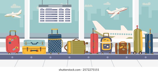 Airport interior banner. Baggage on the claim line. Travel, vacation and business trip concepts. Flat vector illustration background.