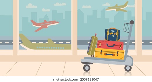 Airport interior banner. Suitcases on luggage cart on the foreground and view of airplanes from the airport window. Family travel, vacation and business trip concepts. 