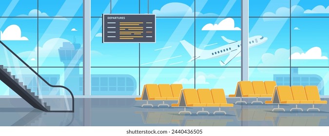 Concepto interior del aeropuerto. Salida de vuelo en interior con avión. Vacaciones. Viajes y turismo. Sillas amarillas cerca de la pared de cristal y escaleras. Ilustración de vector plano de dibujos animados