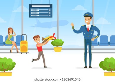 Airport Interior, Cute Boy Playing Toy Airplane in Airport Terminal, Smiling Male Pilot Greeting him with his Hand Vector Illustration