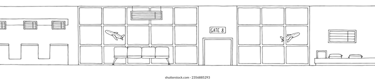 Vector de ilustración de dibujo largo blanco negro de la puerta interior del aeropuerto 