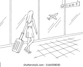 Airport interior graphic black white sketch illustration vector. Woman is walking with a suitcase